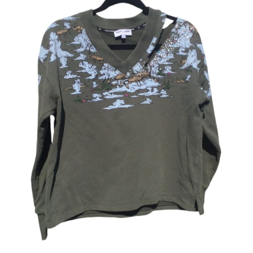 Opening Ceremony sweatshirt‎ womens S olive green beaded Asian thrashed leisure